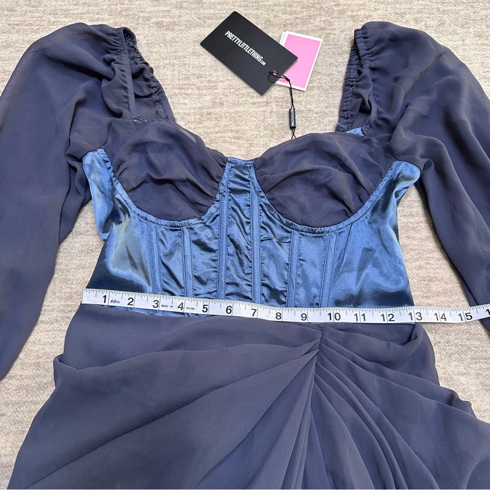Pretty Little Thing Mineral Blue Satin Insert Draped Chiffon Midi Dress Small 6 - Picture 5 of 7